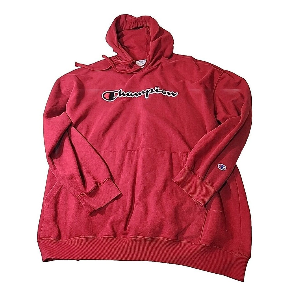 VINTAGE Champion Hoodie RED Sweatshirt Spelled Out Logo Pullover Mens 3XL